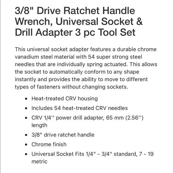 NEW 3/8" Drive Ratchet Handle Wrench, Universal Socket & Drill Adapter 3PC Set - Picture 10 of 16